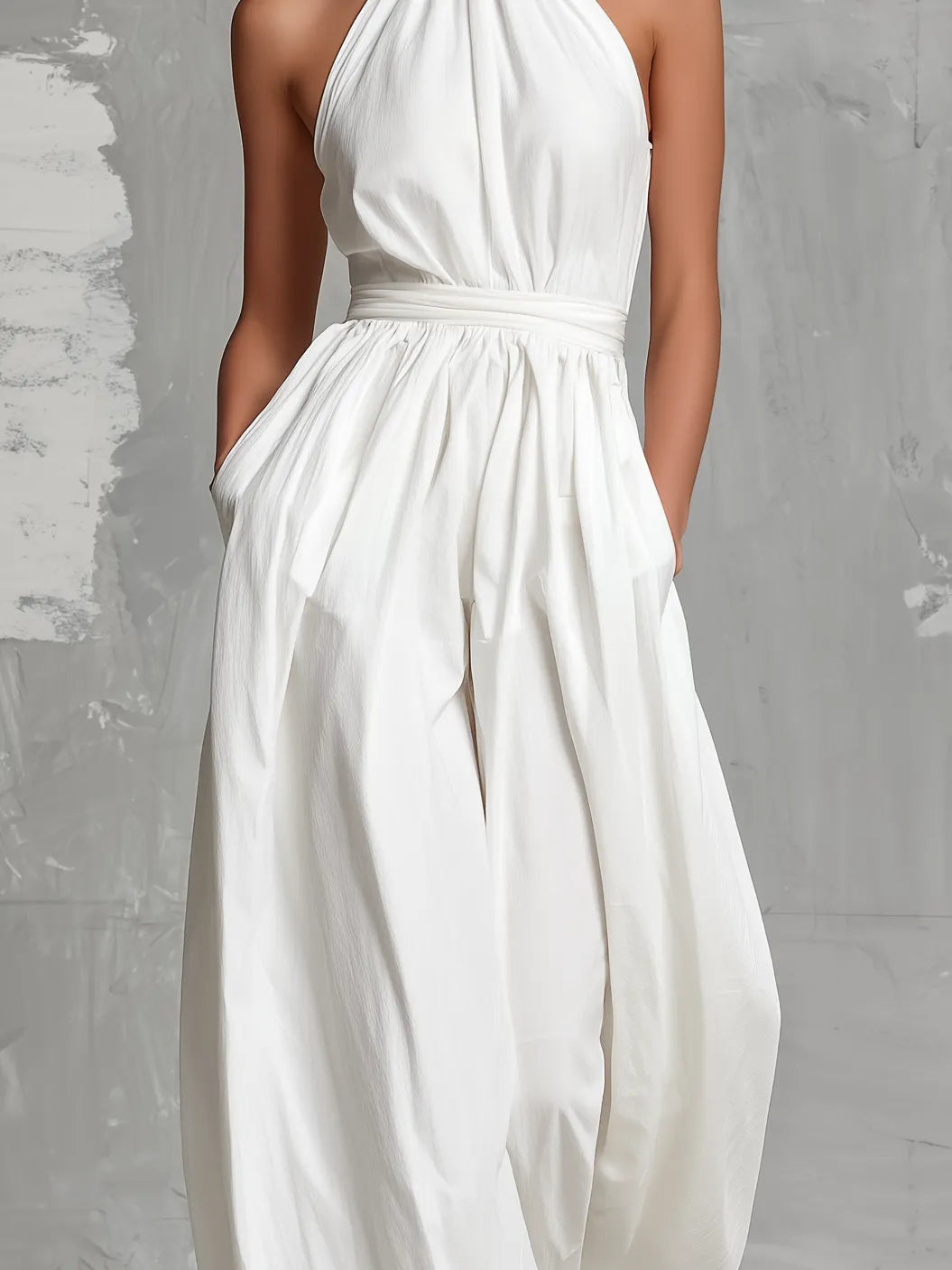 Women's Elegant White Woven Sleeveless Halter-neck Jumpsuit MDZ0554A3AN