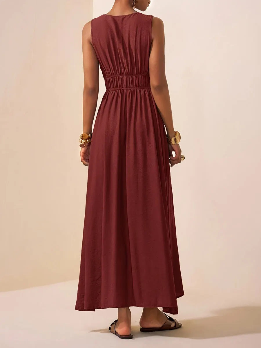 A-Line Loose Pleated Solid Color Spaghetti-Neck Maxi Dresses