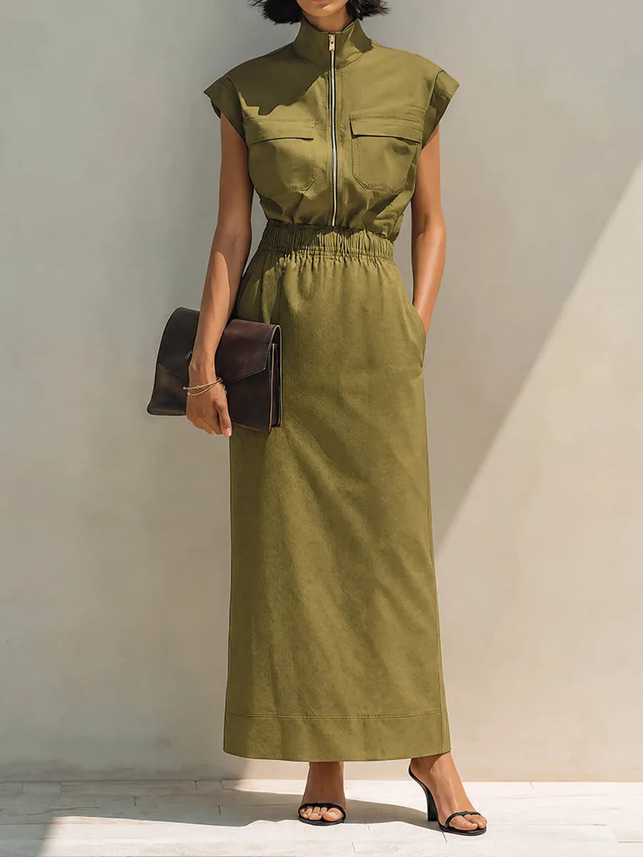 Women's Olive Cotton Blend Stand Collar Zip Cap Sleeve Midi Dress MDZ1788G8ZRK