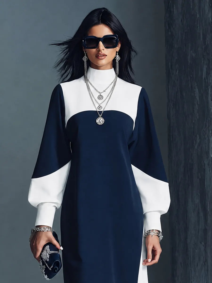 Women's Modern Elegant Navy White Cotton Blend Color-Block Lantern Sleeve Midi Dress MDZ2113G5GMJ