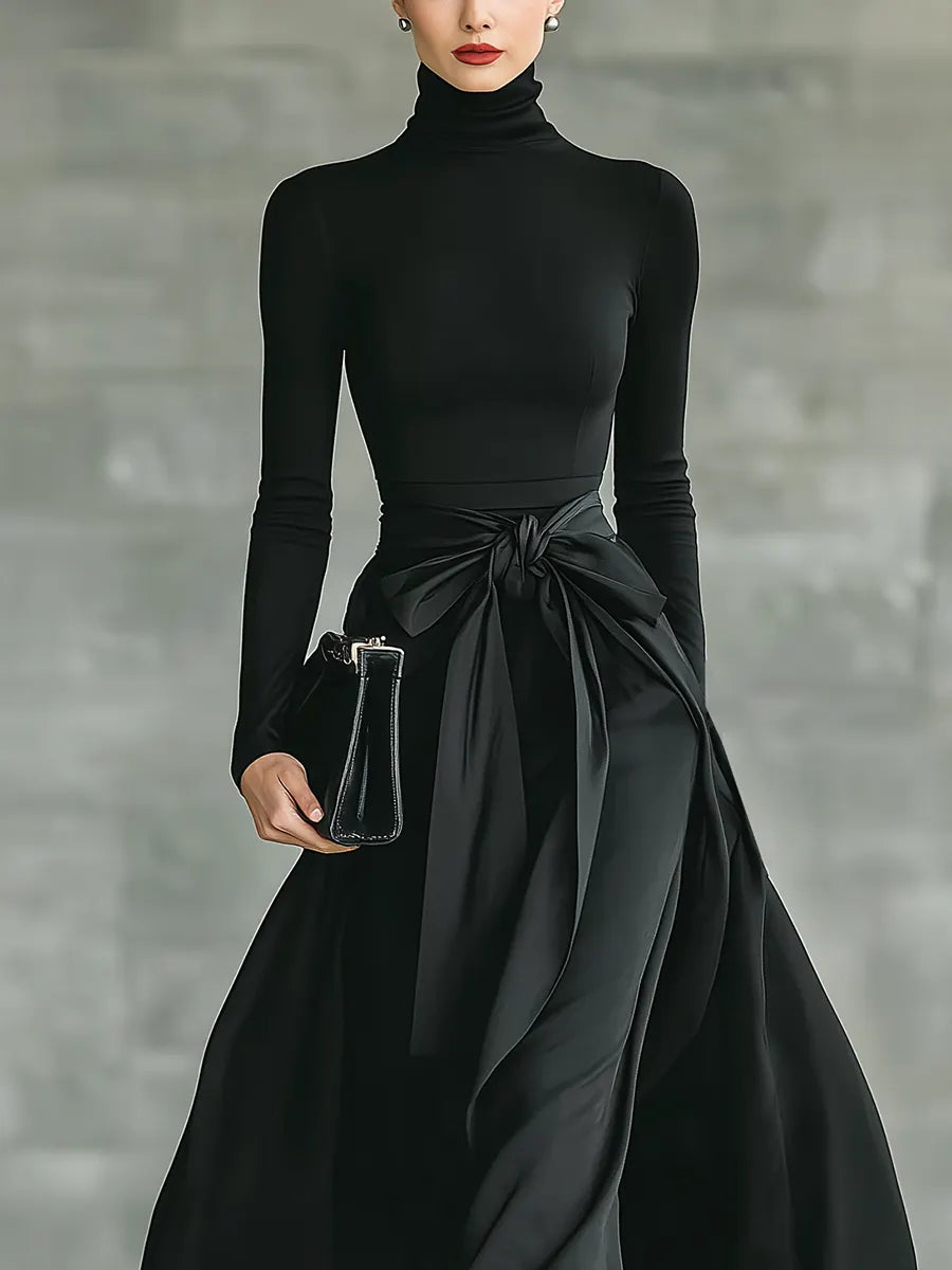Women's Black High-Neck High-Stretch Knitted And Satin Flared Maxi Dress MDA2851J4T