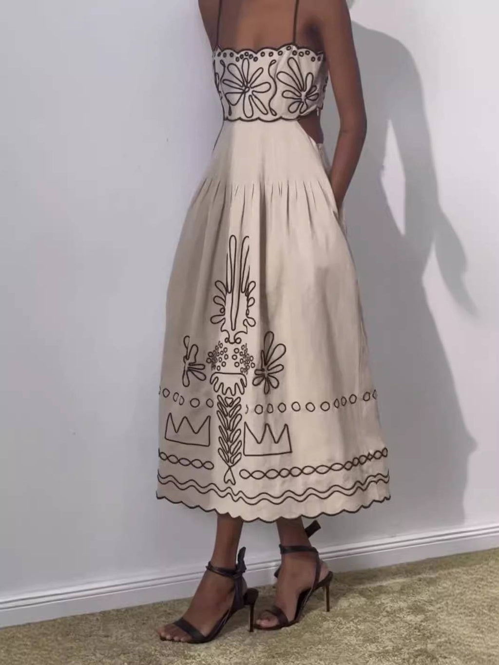 Printed Hollow Midi Dress
