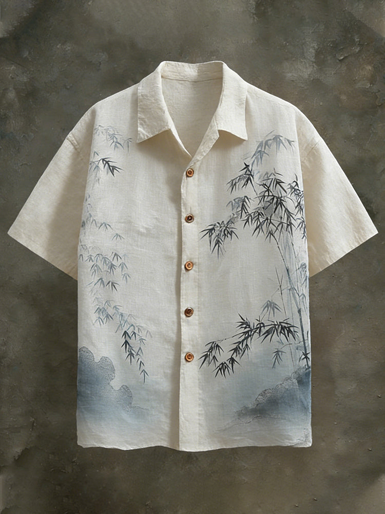 Men's Japanese-style Tie-dye Bamboo Pattern Linen Short-sleeved Shirt