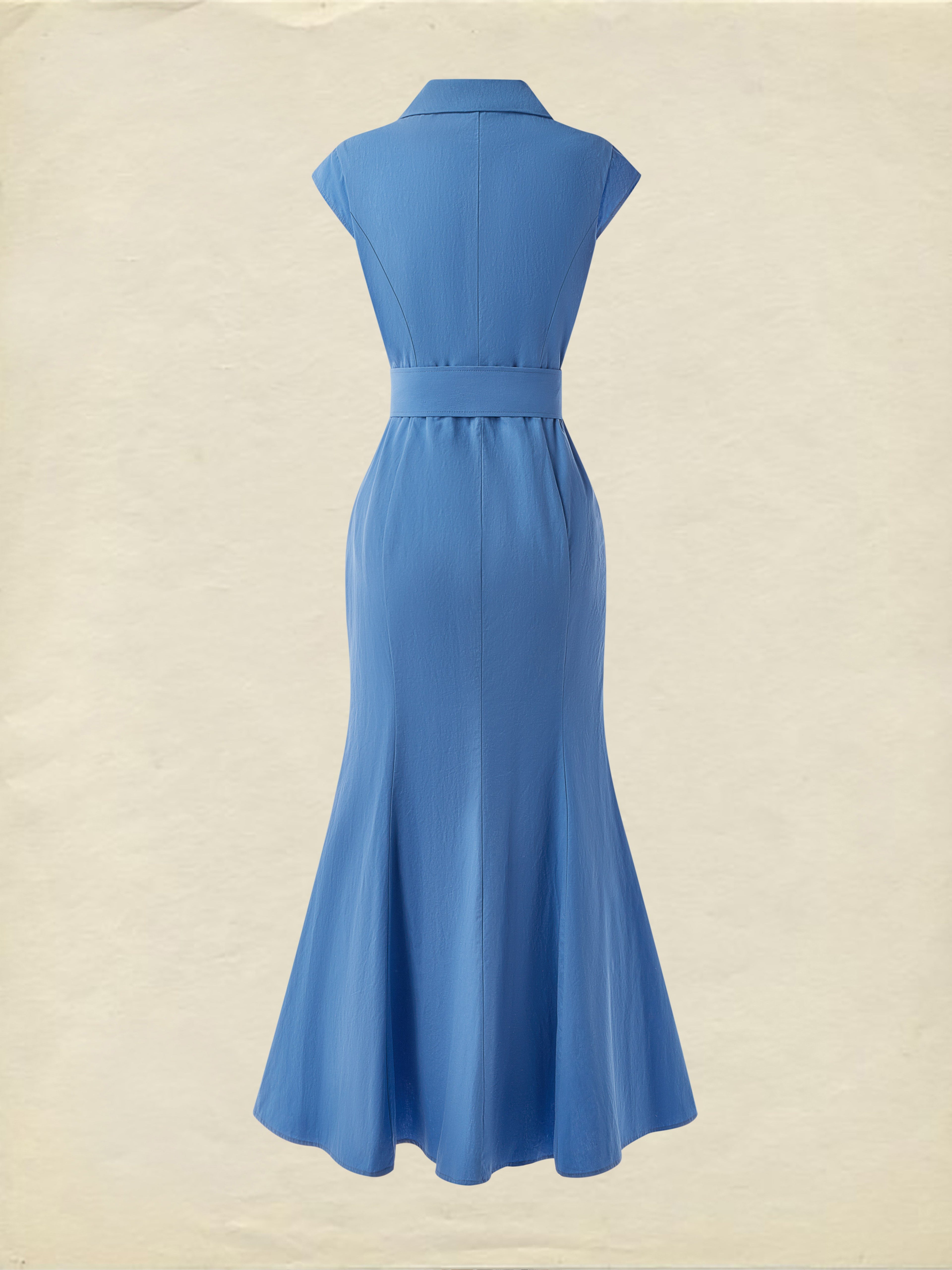 (SIZE:XS-XXL) Cotton Maxi Dress, Cap Sleeve, Lapel Collar, Plain, Vintage, Blue