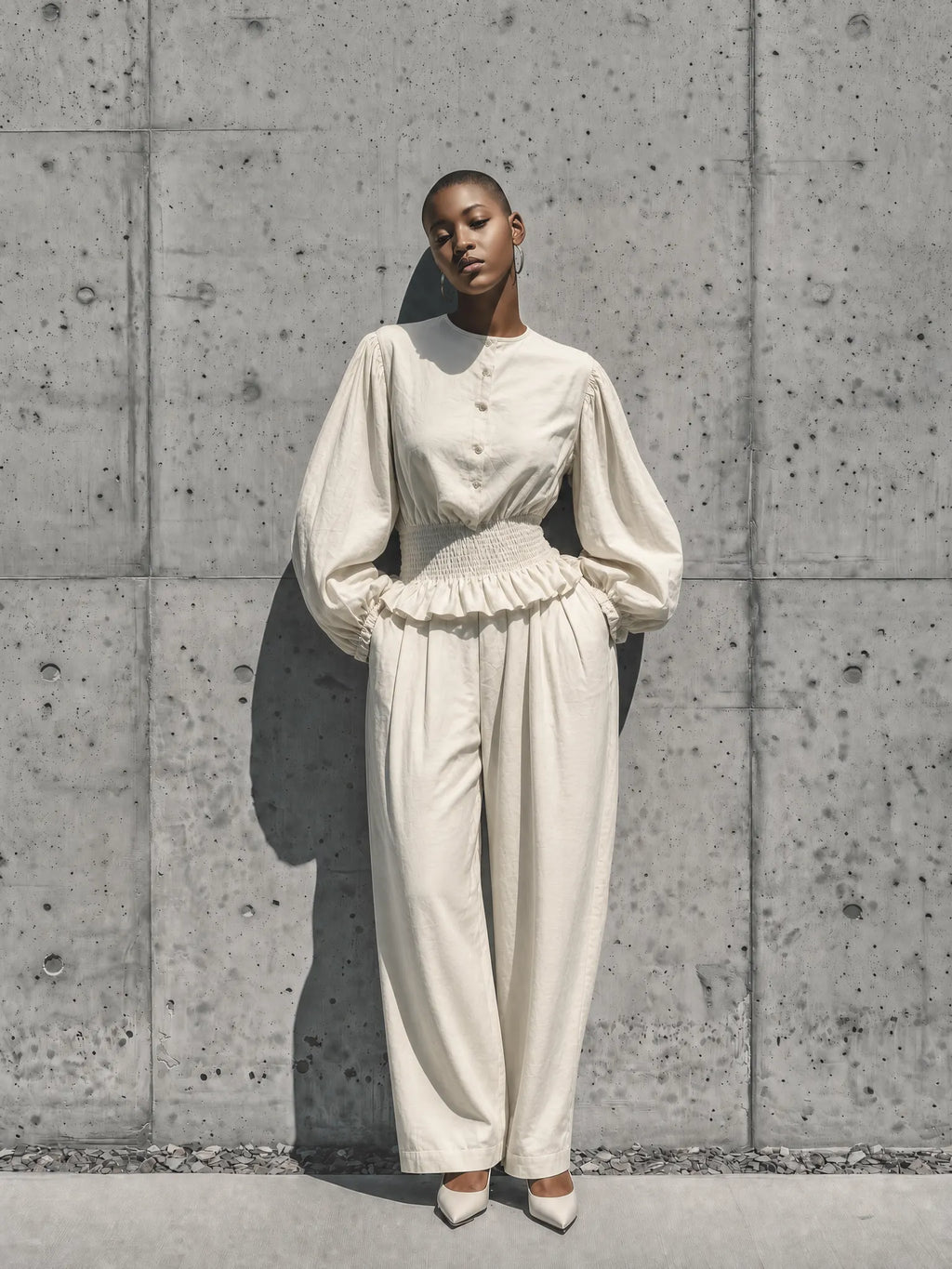 Women's Off White Cotton-linen blend Round Neck Half Button Balloon Sleeve Smocked Ruffle Waist Pleated Wide Leg Pant Two Piece Set MDZ1761G3YZJ