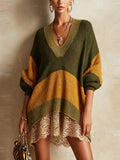 Olive Colorblock Lace Hem Knit Mini Dress