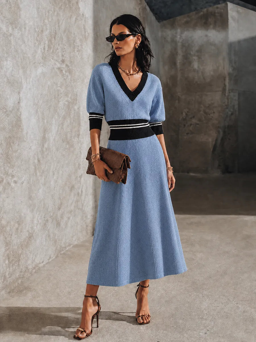 Women's Retro Elegant Powder Blue Knit Contrast Trim V-Neck Maxi Dress MDZ2106G8GMJ