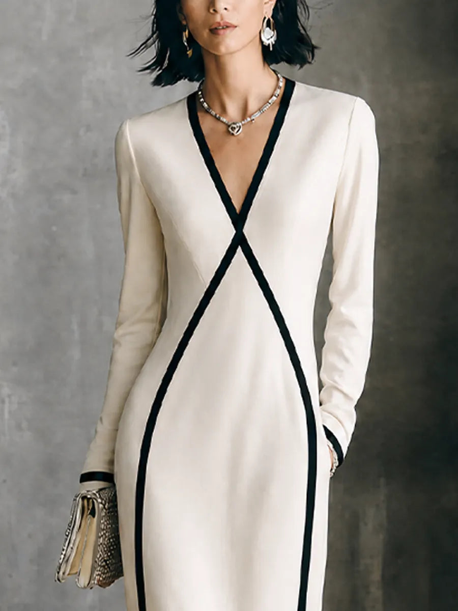 Women's Luxury Commuter Off White Cotton Blend V Neck Contrast Binding Flared Long Sleeve Midi Dress MDZ1529G7GMJ