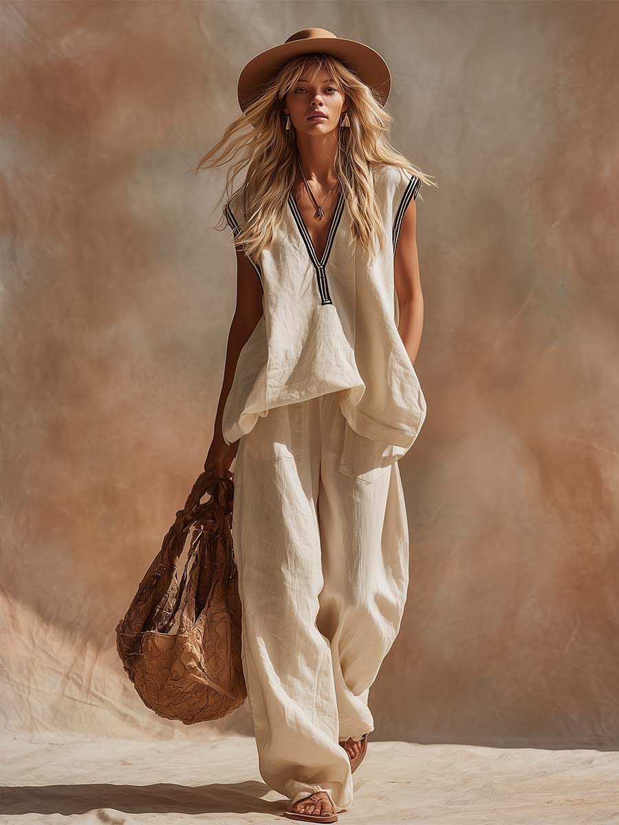 Retro-style Comfortable Bohemian V-neck Off-white Cotton And Linen Top And Pants Set