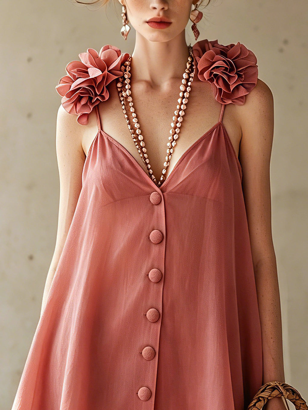 Pink 3D Floral  Strap Mini Dress
