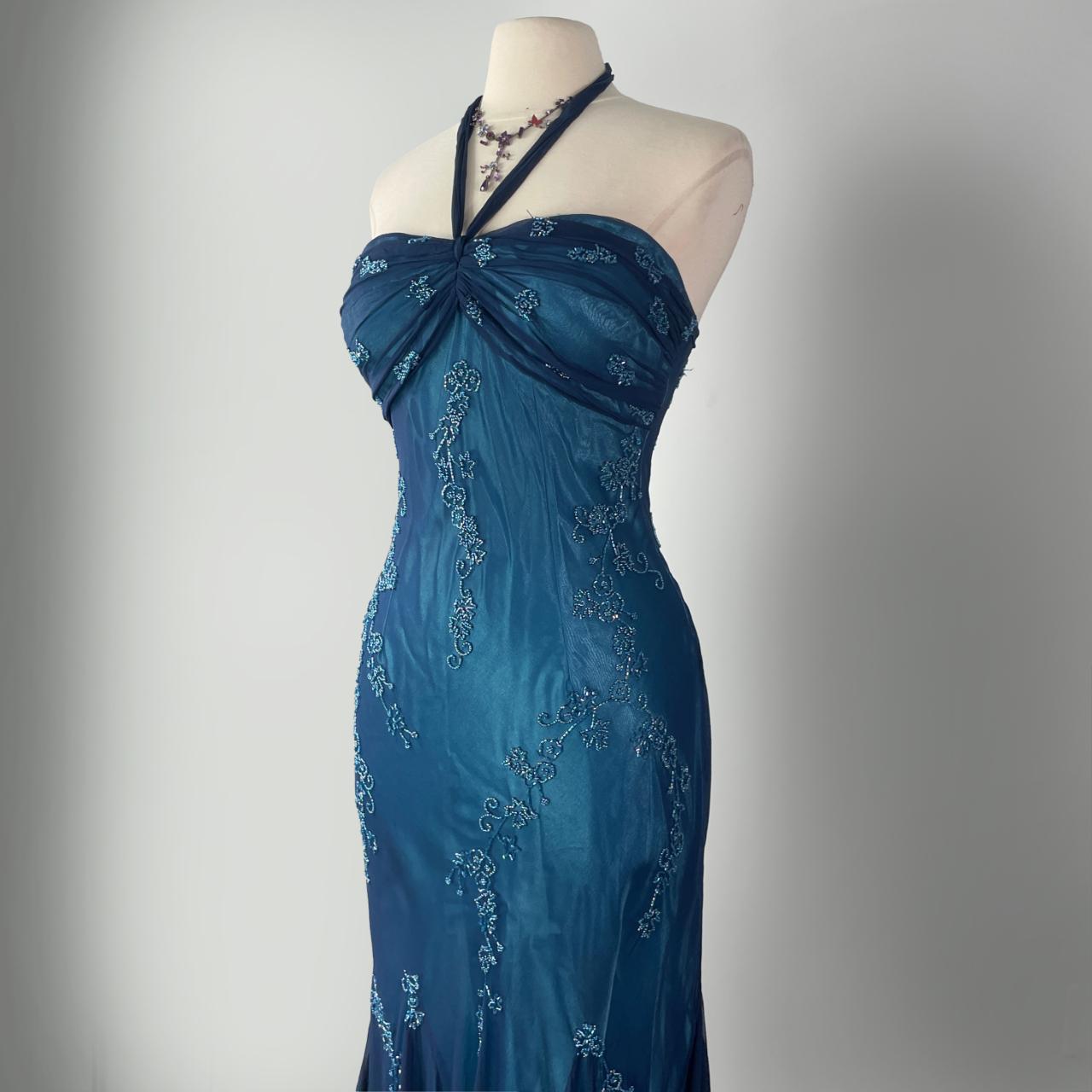 Dark Blue Fairy Mermaid Beaded Long Chiffon Formal Prom Evening Dress Wedding Guest Party Gown Dress Greek Halter Neck b