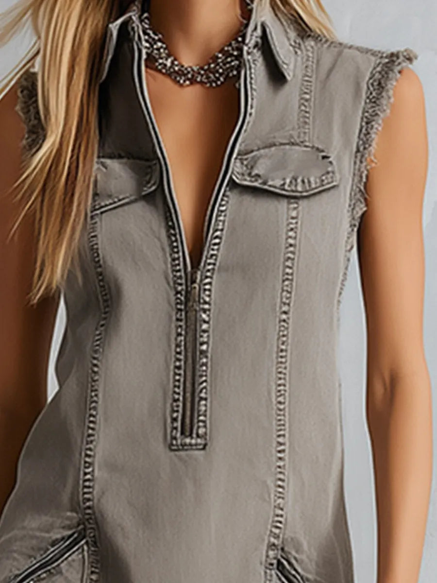 Vintage Distressed Wash Khaki Denim Raw Hem Mini Dress