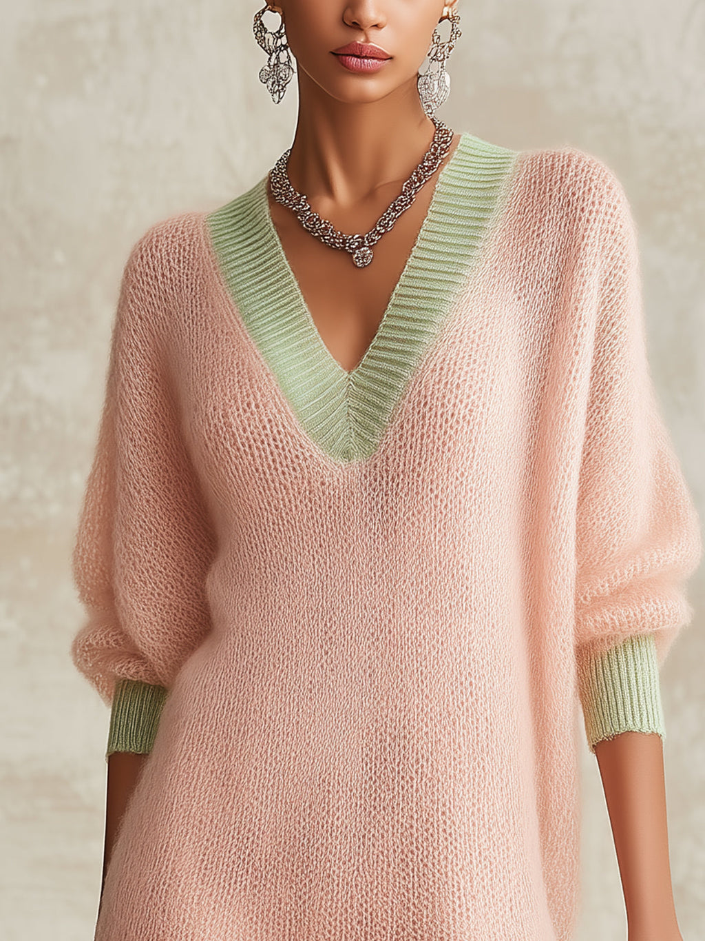 Pink Knit Mini Dress With Green Trim And Layered Tulle Hem