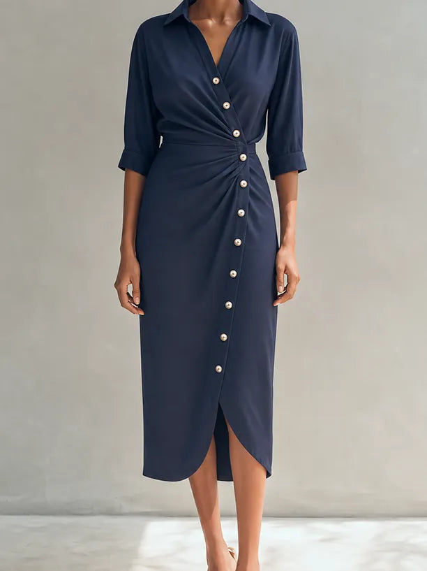 Women's Elegant Navy Blue Collared Half Sleeve Ruched Waist Pearl Button Wrap Midi Shirt Dress MDZ1538G4ZSQ