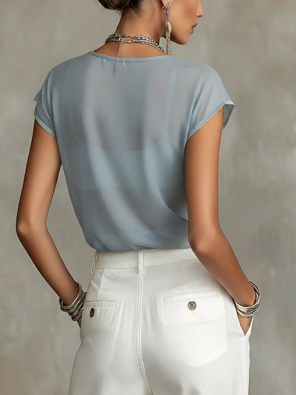 24-Hour-Shipping Sheer Blue Floral Print Chiffon Blouse