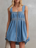 Loose-fitting Retro Blue Denim Zip-up Sleeveless Mini Dress
