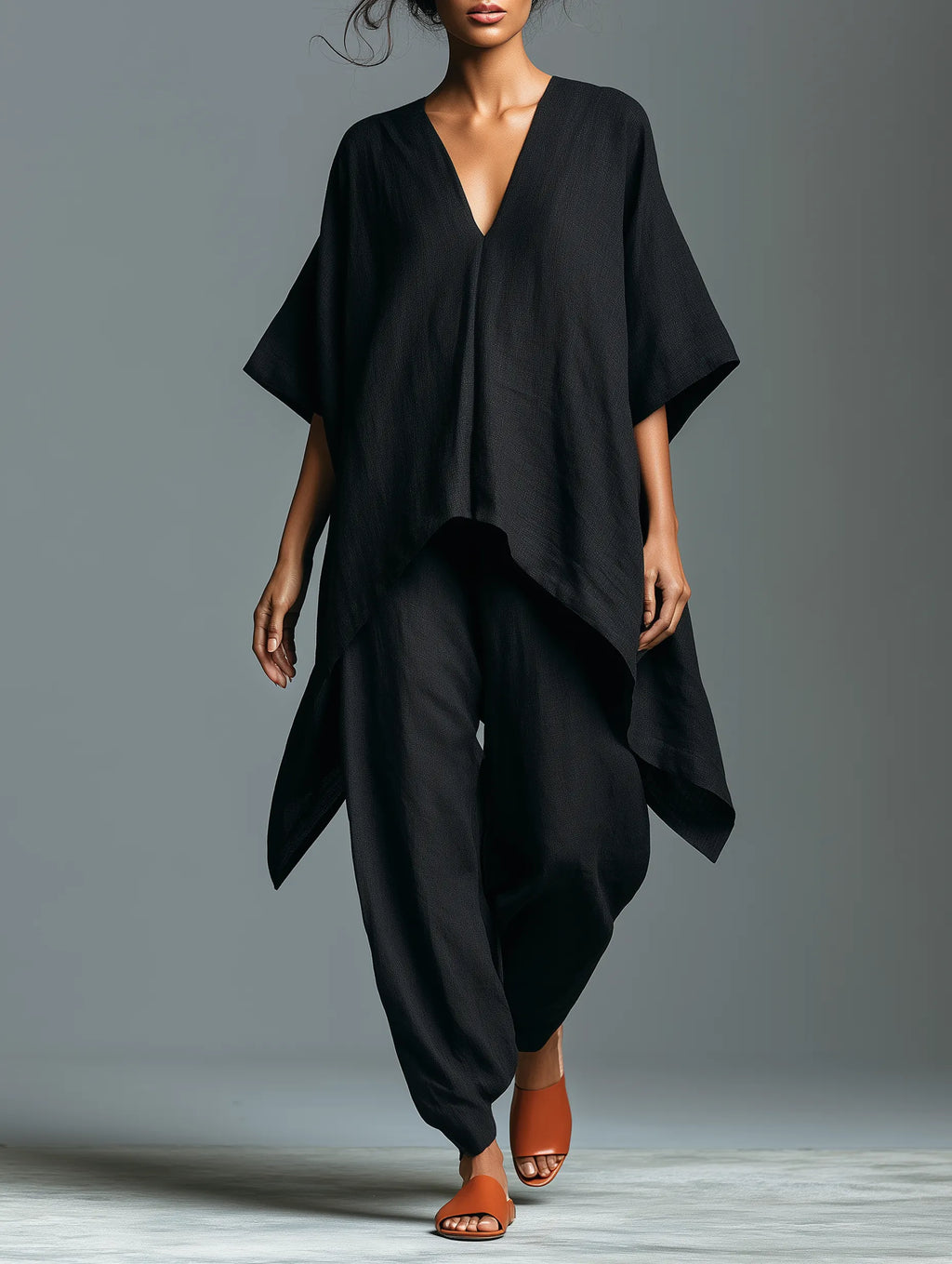 Women's Minimalist Linen-blend V-neck Mid-sleeve Blouse And Lantern Pants Set With An Asymmetrical Hem MDZ0852G6WY