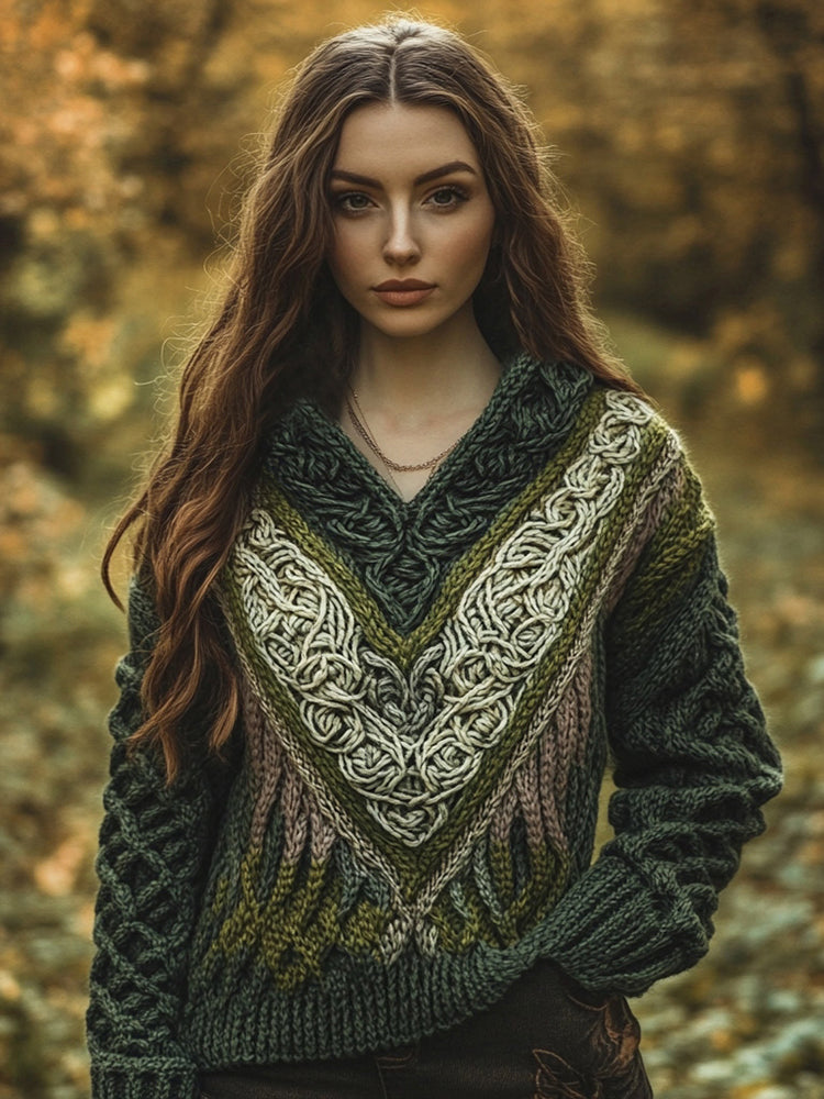 Women's Vintage Celtic Knot Jacquard Contrast V Neck Sweater