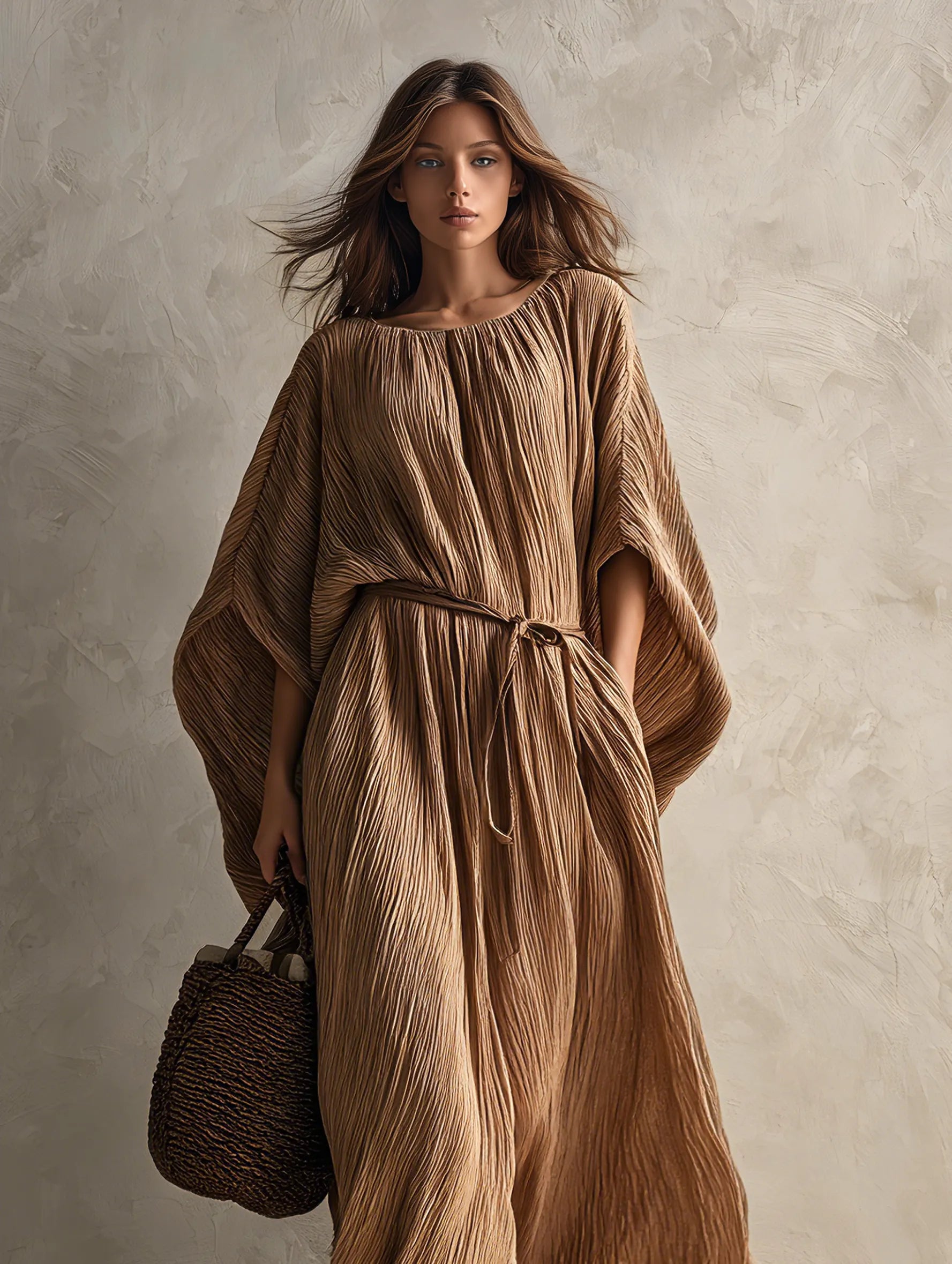 Women's Casual Khaki Woven Pleated Crew-Neck Batwing-Sleeve Maxi Dress MDZ2150G9LXY