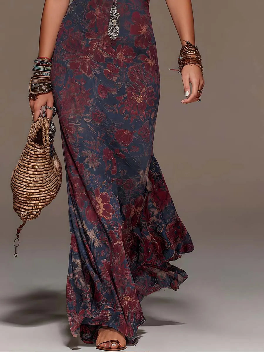 Retro Lace Halter-Neck Floral Fishtail Maxi Dress
