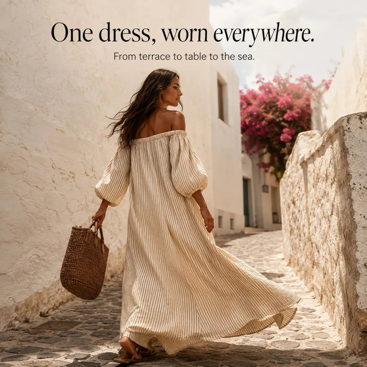 Marisella – Off-Shoulder Striped Maxi Dress with Lantern Sleeves and Pockets
