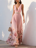 V-neck Sleeveless Printed Maxi Dress
