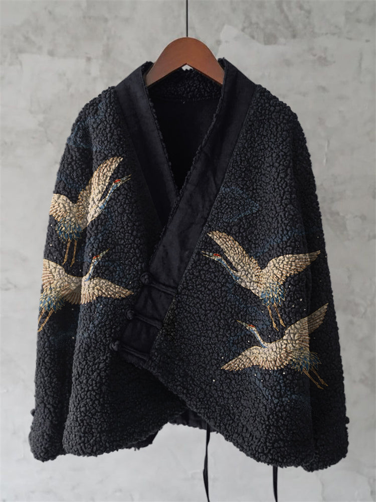 Vintage Japanese Crane Art Plush Kimono Cardigan