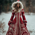 Vintage Snowflakes Celtic Cozy Fur Trim Hooded Long Cardigan