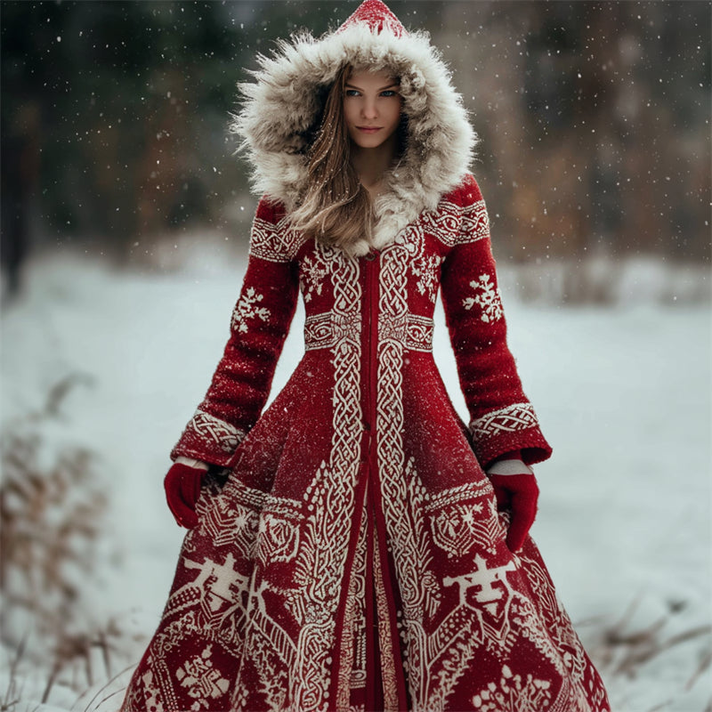 Vintage Snowflakes Celtic Cozy Fur Trim Hooded Long Cardigan