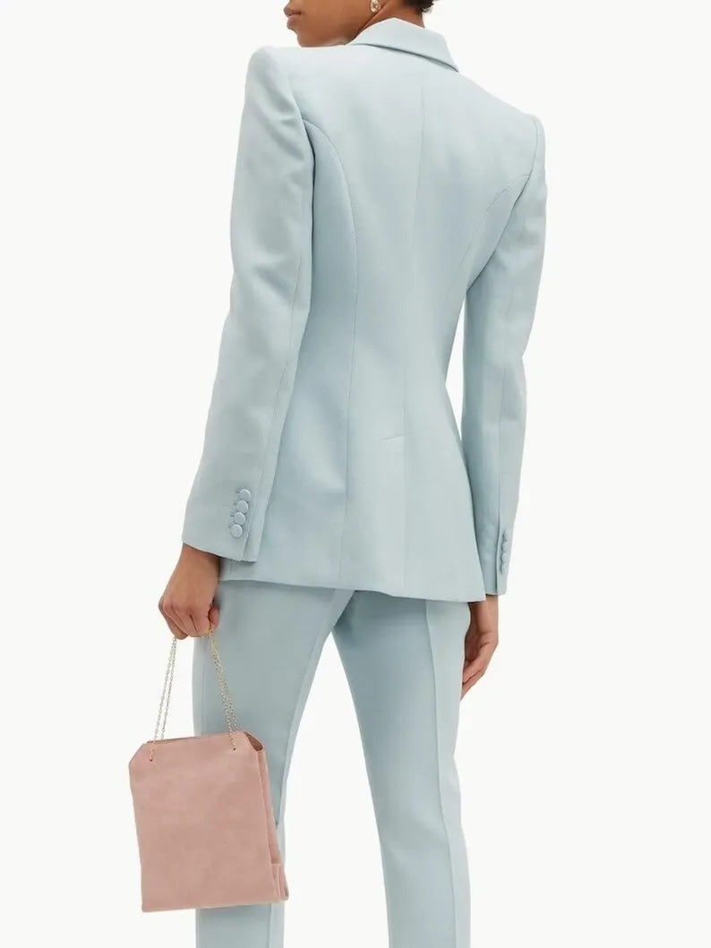 Women Designer 2 Piece Suit In Sky Blue Colour. Custom Made Slant Pockets Peak Lapel Wedding Bridesmaid Cocktail Dinner Party Prom Wear