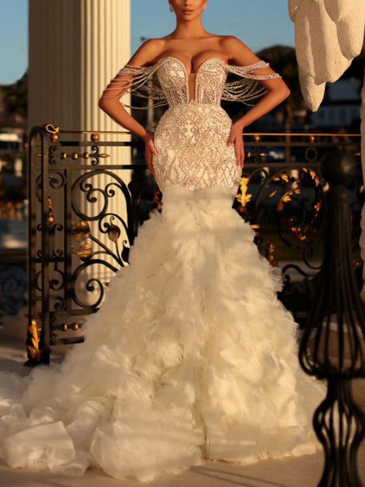 Elegant Off-The-Shoulder Beaded Decorate Falbala Wrap Mermaid Wedding Maxi Dress