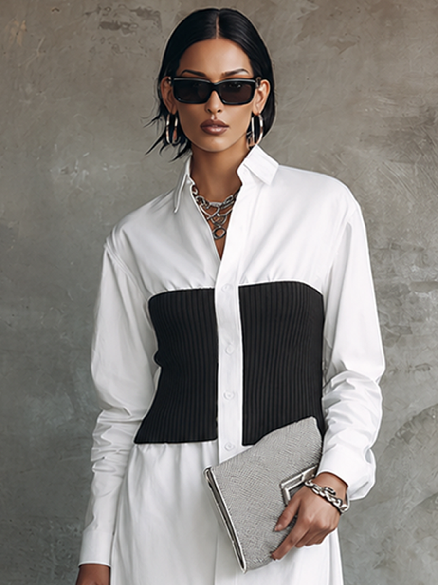 Women's Modern White Woven Cotton Blend Black Ribbed Panel Button-Front Midi Shirt Dress MDZ2474G0GMJ