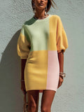 Colorblock Puff Sleeve Knit Mini Dress