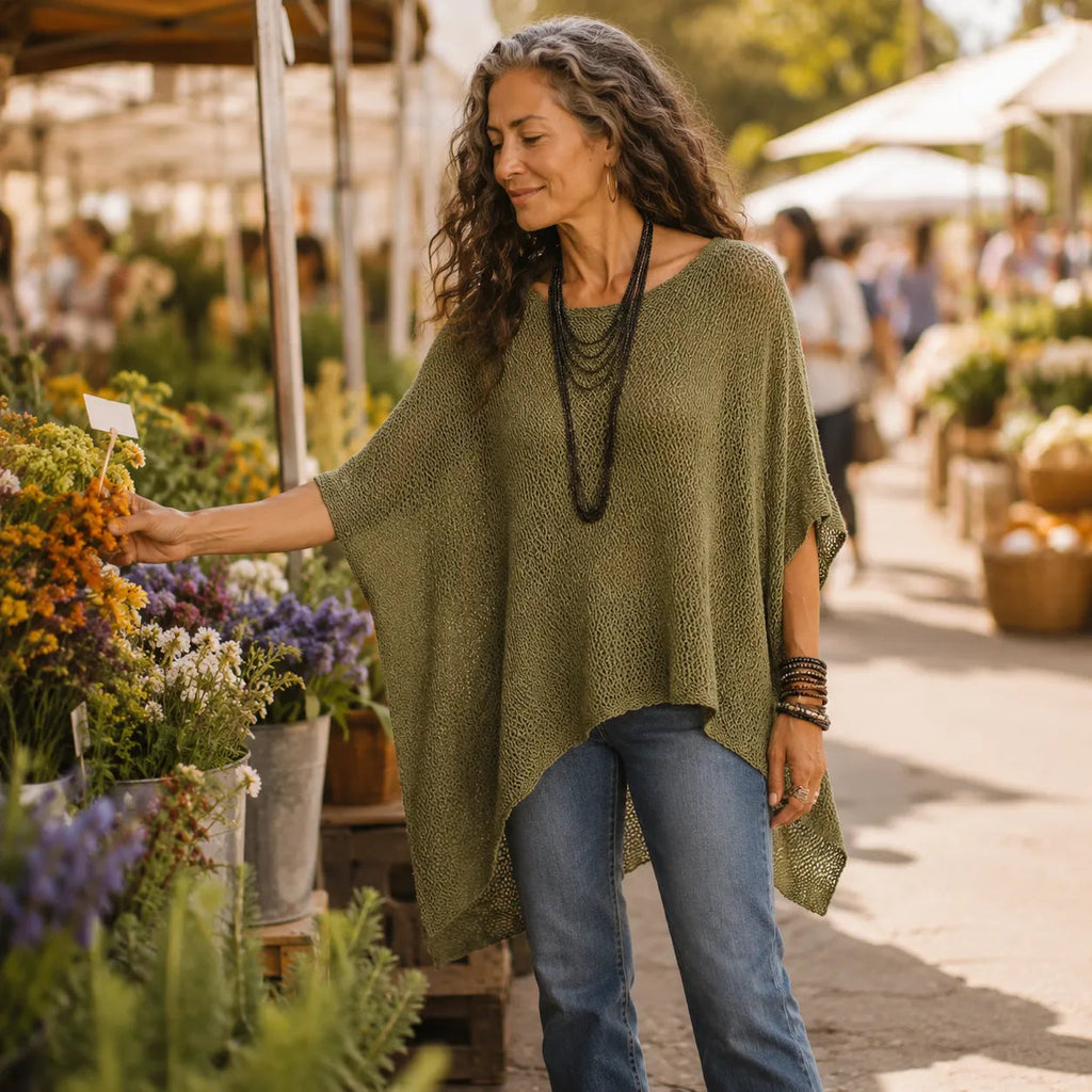 Solvera – Open Knit Batwing Top with Asymmetric Hem