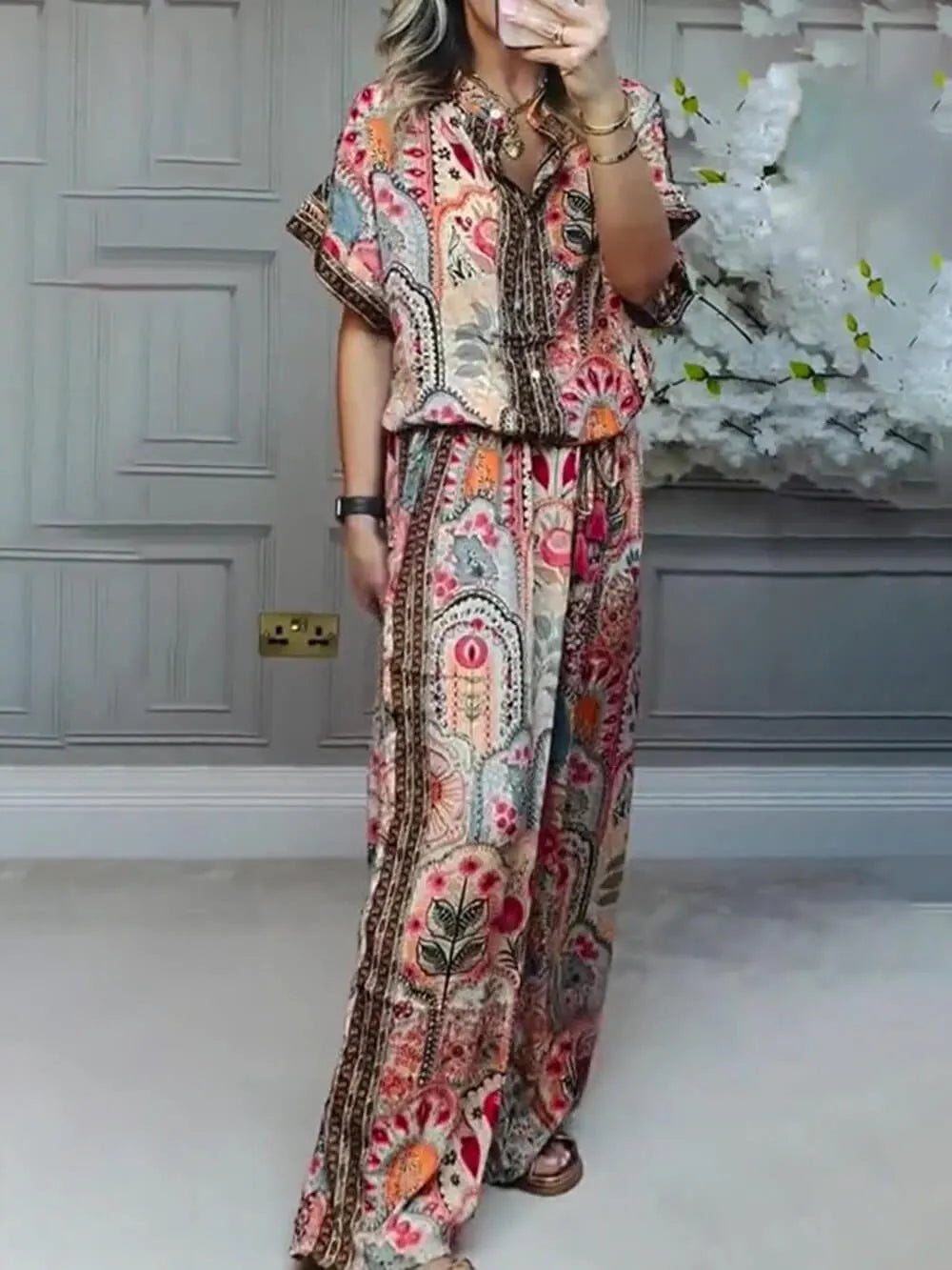 Boho Printed Fringe-Accented Loose Blouse