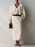 Women's Cream Vertical Stripe Knit V-Neck Crop Top & Midi Skirt Set MDZ2029G4ZRK
