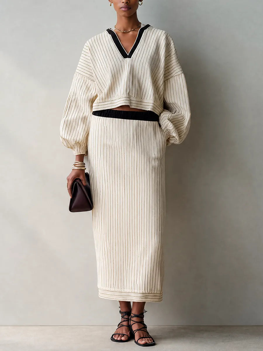 Women's Cream Vertical Stripe Knit V-Neck Crop Top & Midi Skirt Set MDZ2029G4ZRK