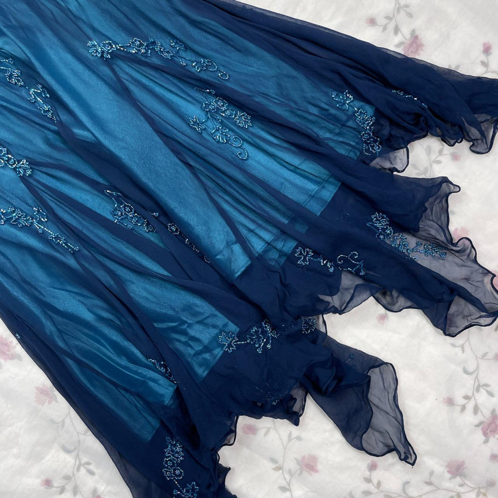 Dark Blue Fairy Mermaid Beaded Long Chiffon Formal Prom Evening Dress Wedding Guest Party Gown Dress Greek Halter Neck b