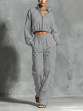 Women’s Black White Vertical Stripe Stand Collar Full Zip Cropped Jacket & Elastic High Waist Wide Leg Pocket Pants Two Piece Tracksuit Set MDZ0287G4T