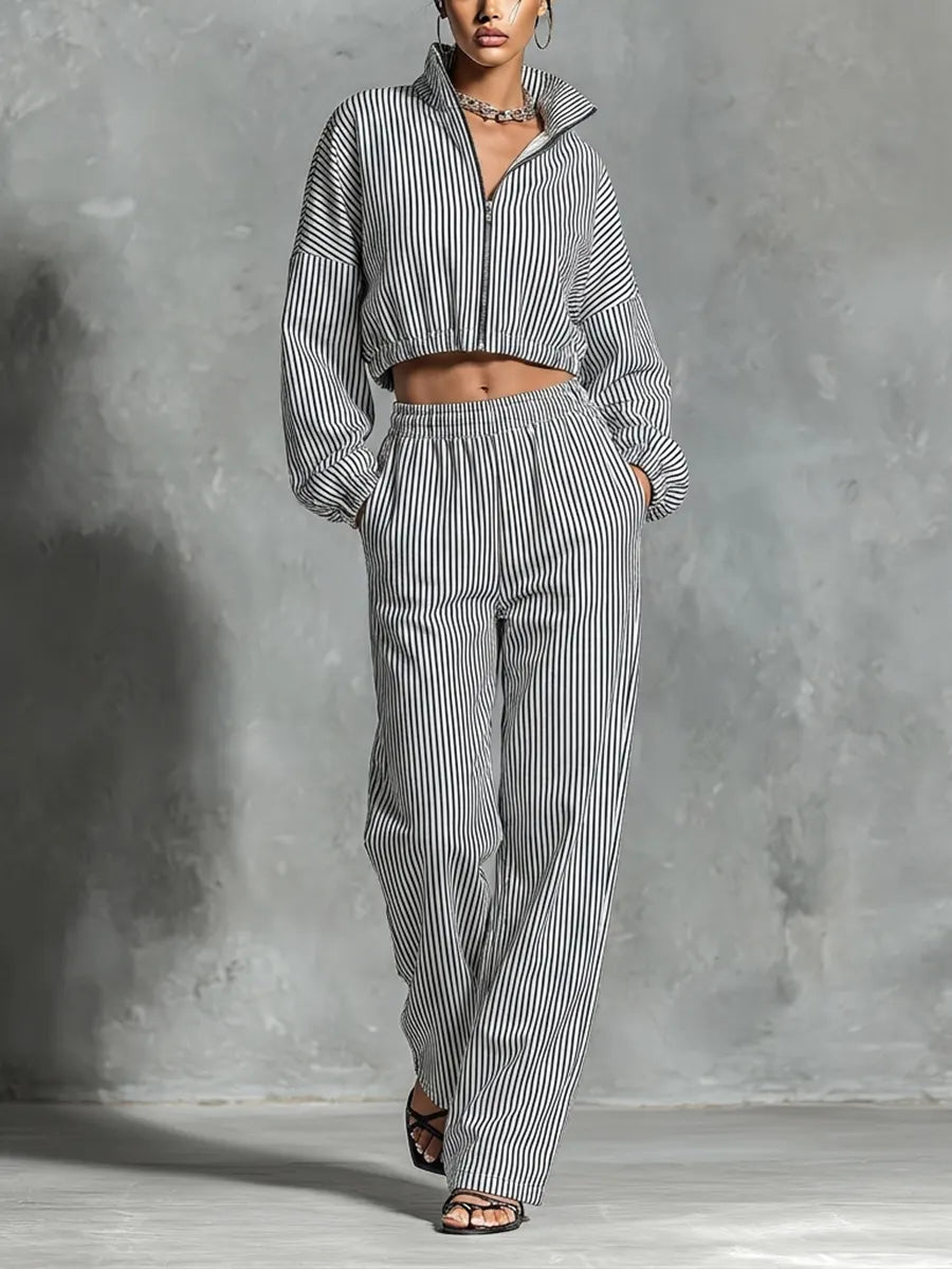 Women’s Black White Vertical Stripe Stand Collar Full Zip Cropped Jacket & Elastic High Waist Wide Leg Pocket Pants Two Piece Tracksuit Set MDZ0287G4T