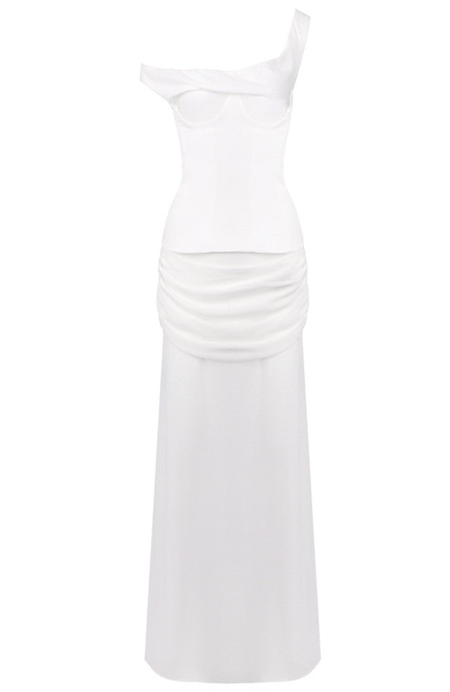 One Shoulder Corset Draped Maxi Dress White