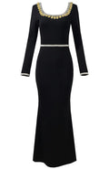 Long Sleeve Embellished Neckline Maxi Dress Black