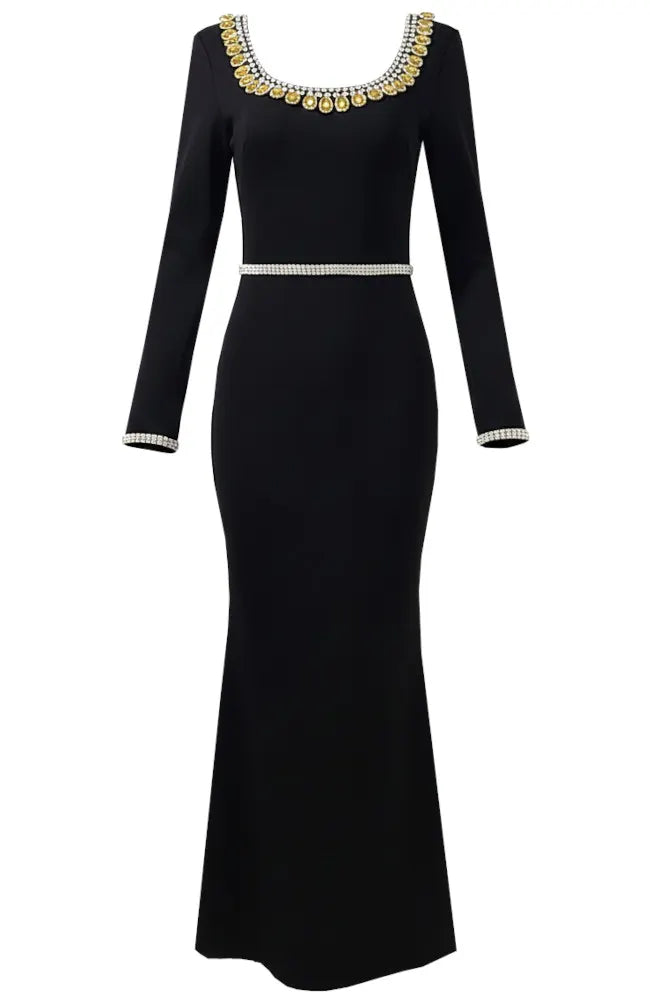 Long Sleeve Embellished Neckline Maxi Dress Black