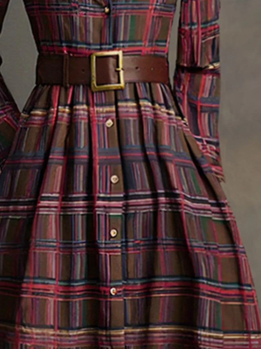 Retro Ethnic Style Lapel Reddish Brown Plaid Maxi Dress