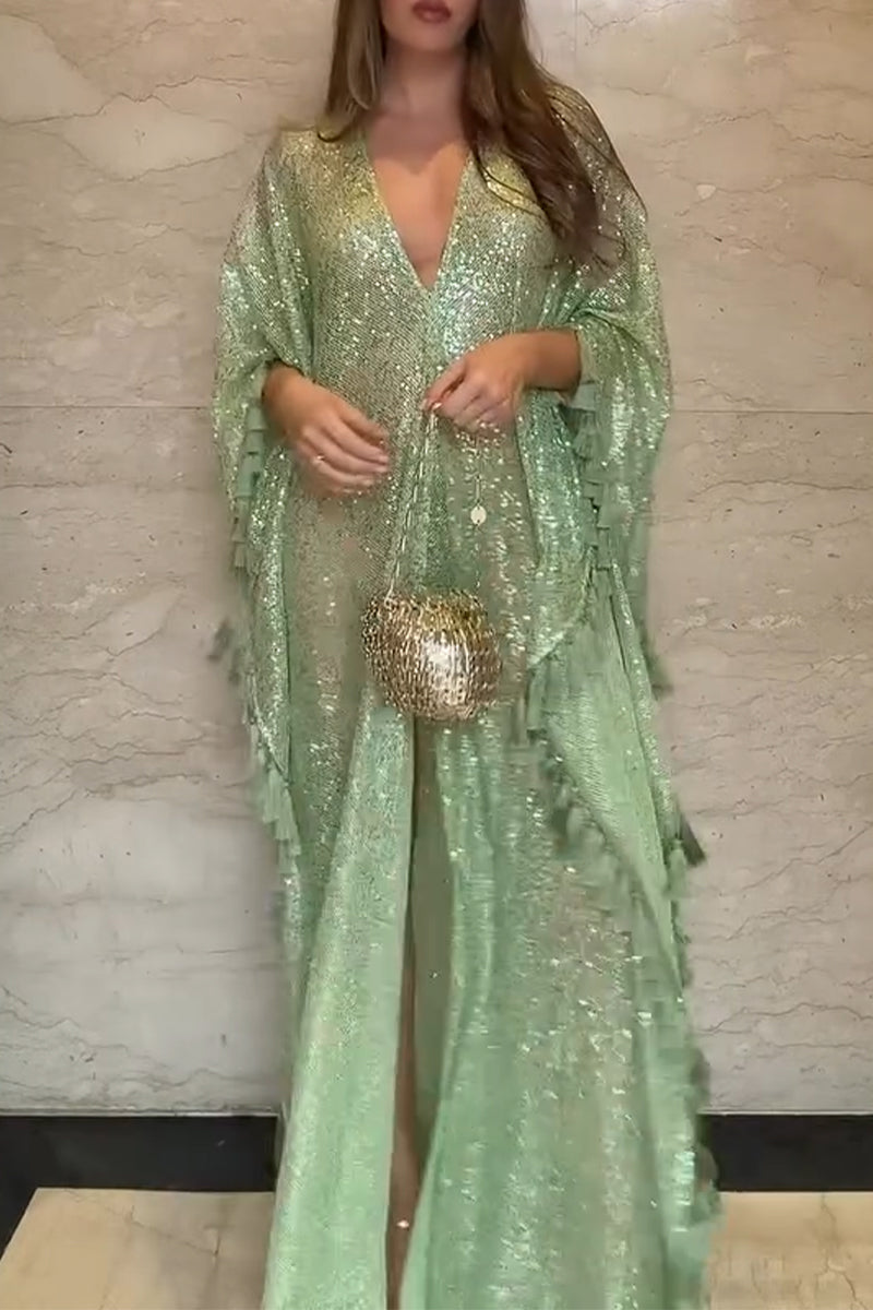 Womens V-neck Sequined Tassel Dress with Elegant Temperament