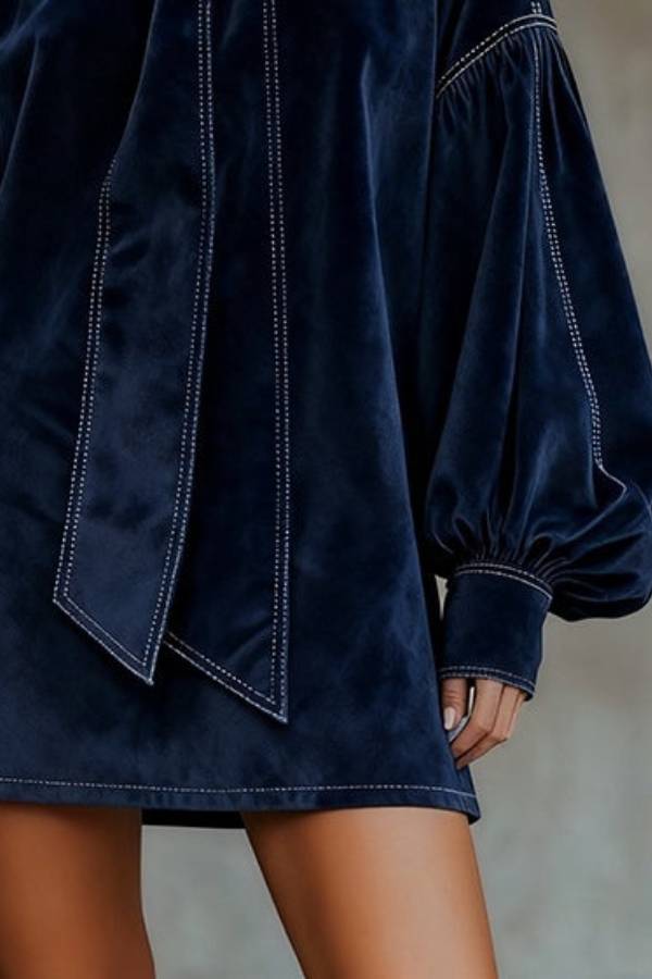 Dark Blue Velvet Bow Lantern Sleeve Mini Dress