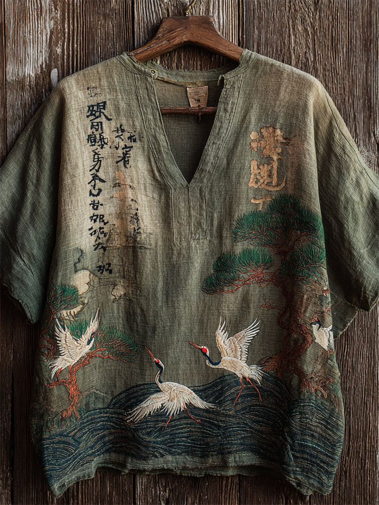 Japanese Calligraphy Cranes & Pine Trees Sea Waves Linen Shirt