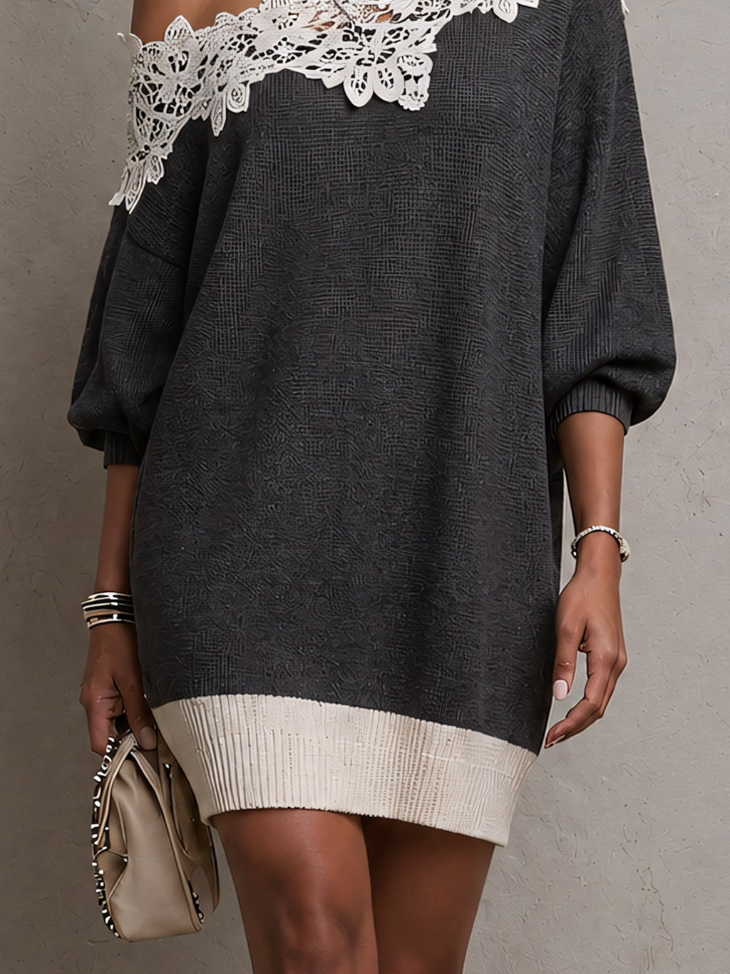 One Shouler Gray Lace Trim Knit Mini Dress