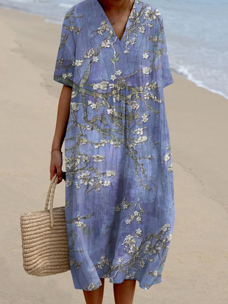 Women Floral Art Printed Casual Midi Dress