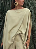 Long Loose Shirt And Side Slit Wide Leg Pants Suit-Shirt